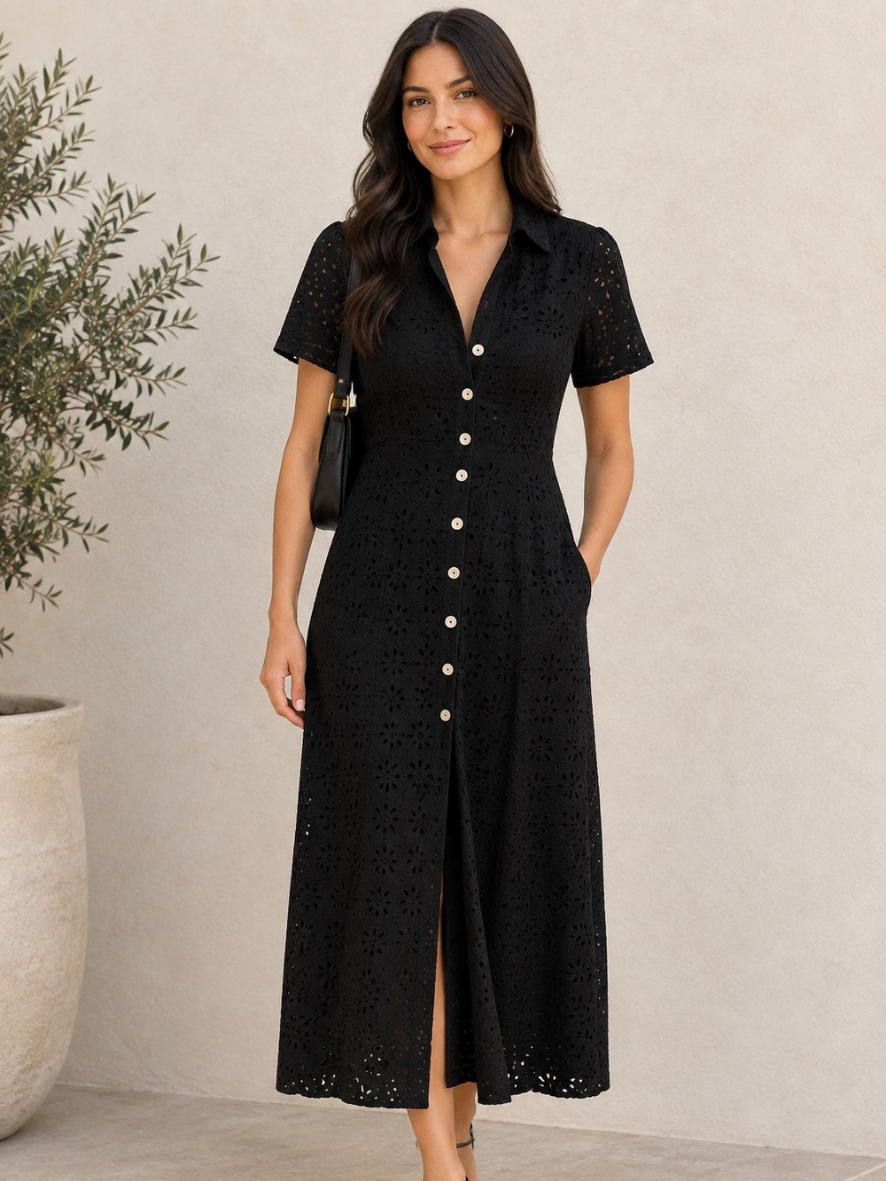 Wilfred Black Eyelet Button-Front Midi Dress